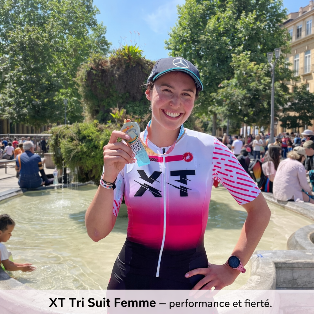 Combinaison triathlon XT femme Xperience Training, tri suit manches courtes, dégradé blanc rose noir, tenue triathlon performance