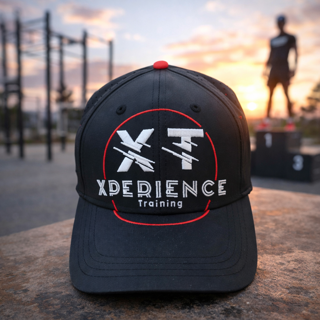 Casquette XT Xperience Training noire, accessoire sport et lifestyle, portée en environnement d’entraînement extérieur