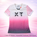 T-shirt XT femme Xperience Training en mesh respirant, dégradé blanc rose anthracite, coupe V, tenue running et triathlon