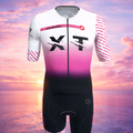 Combinaison triathlon XT femme Xperience Training, tri suit manches courtes, dégradé blanc rose noir, tenue triathlon performance