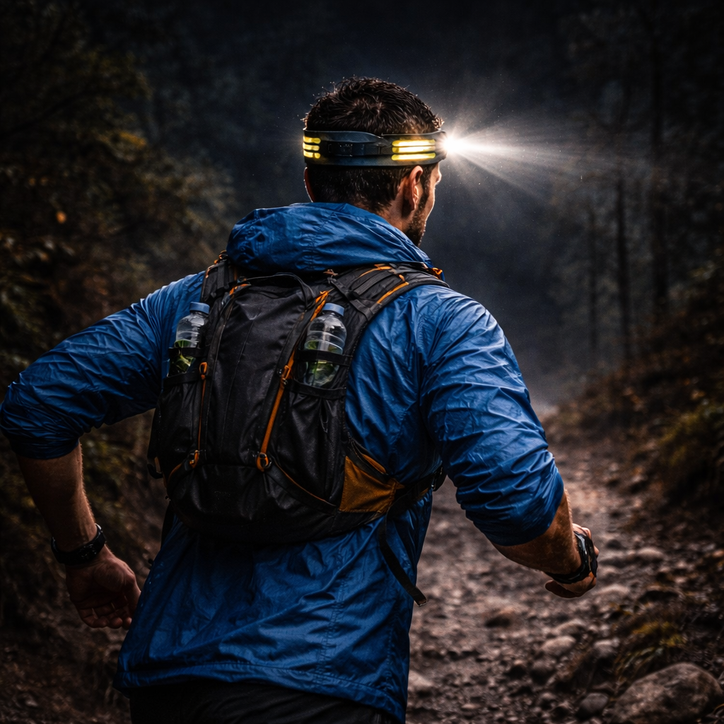 Coureur de trail vu de dos de nuit équipé d’une lampe frontale stable et légère
