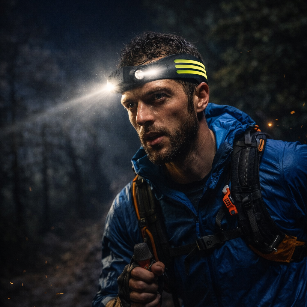 Athlète de trail courant de nuit avec lampe frontale puissante pour running nocturne
