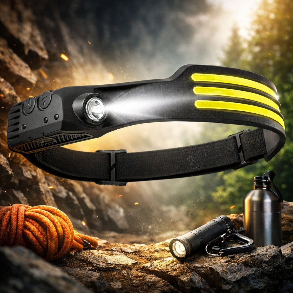 Lampe frontale trail running rechargeable USB-C noire et jaune, éclairage puissant