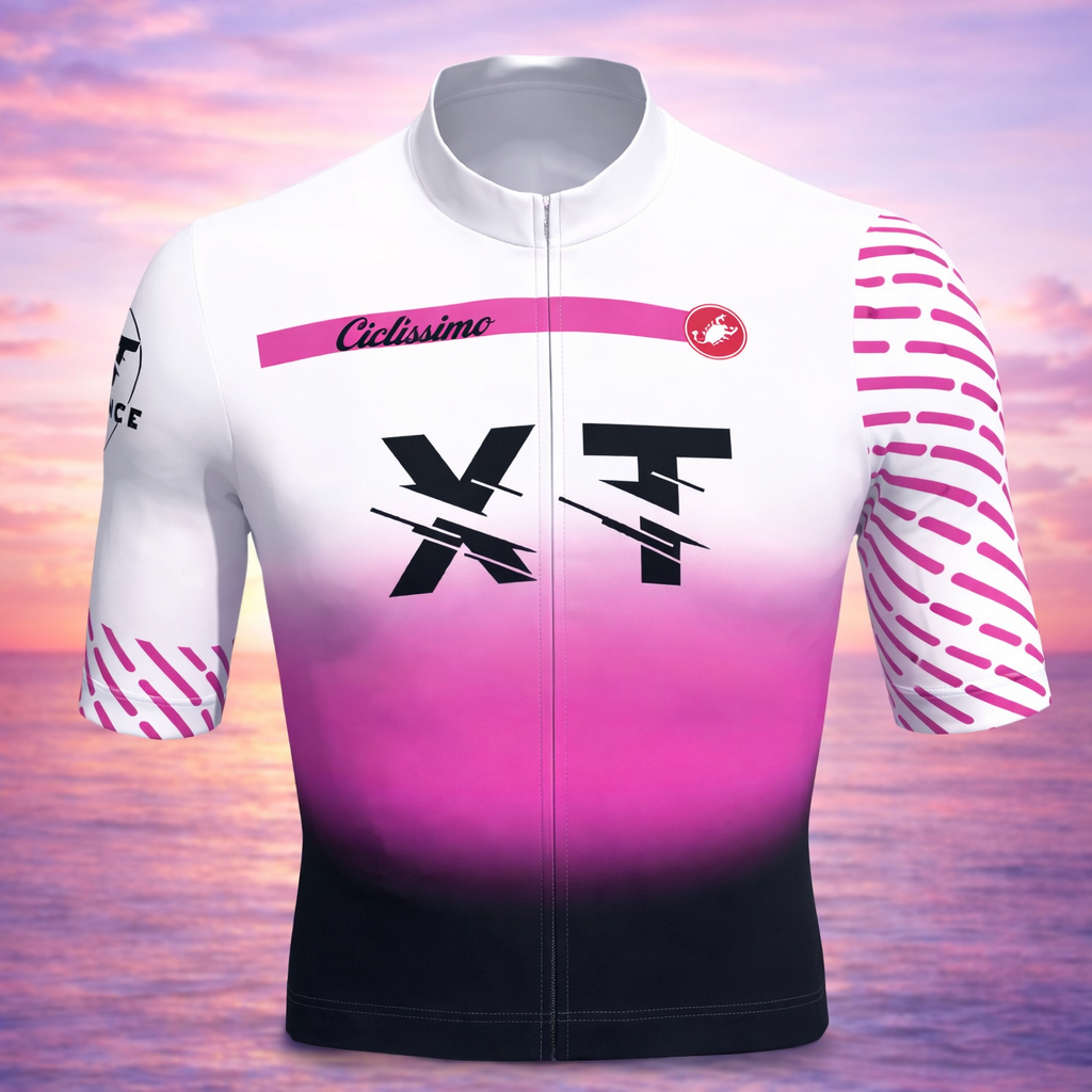 Maillot cyclisme XT manches courtes Xperience Training, dégradé blanc rose noir, tenue vélo respirante et performante
